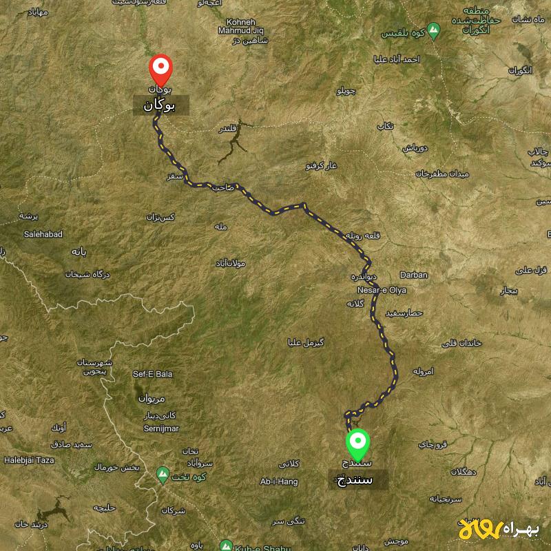 مسافت و فاصله بوکان - آذربایجان غربی تا سنندج - مسیریاب بهراه