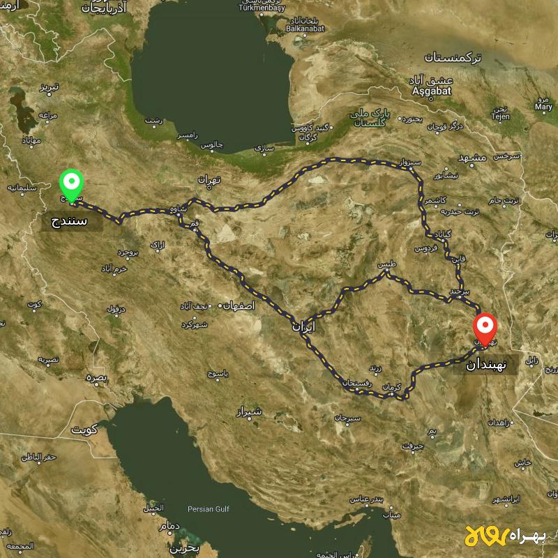 مسافت و فاصله نهبندان - خراسان جنوبی تا سنندج از ۳ مسیر - شهریور ۱۴۰۳