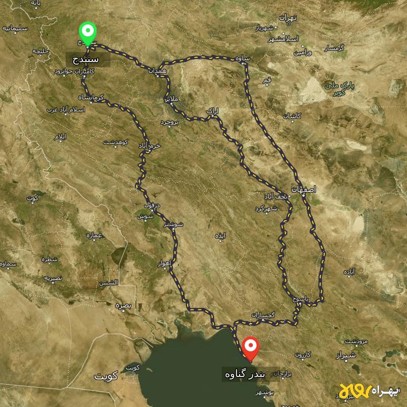 مسافت و فاصله بندر گناوه - بوشهر تا سنندج از ۳ مسیر - اردیبهشت ۱۴۰۳