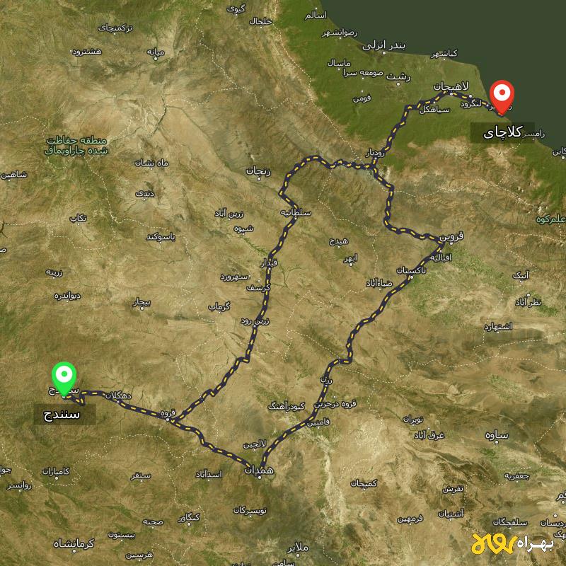 مسافت و فاصله کلاچای - گیلان تا سنندج از ۲ مسیر - مرداد ۱۴۰۳
