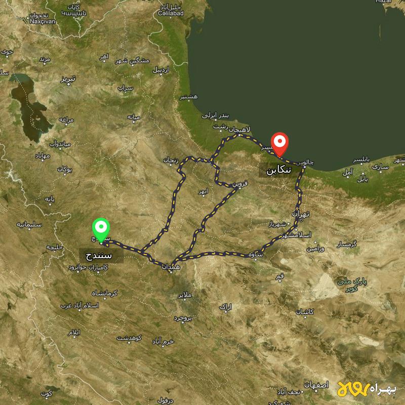 مسافت و فاصله تنکابن - مازندران تا سنندج از ۳ مسیر - مرداد ۱۴۰۳