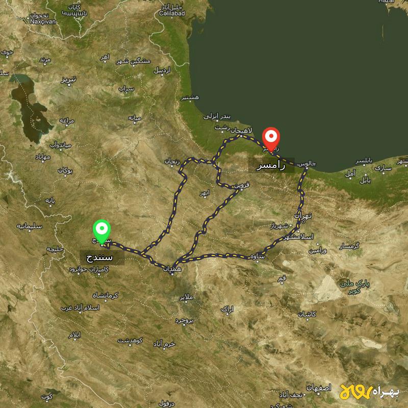 مسافت و فاصله رامسر - مازندران تا سنندج از ۳ مسیر - مرداد ۱۴۰۳