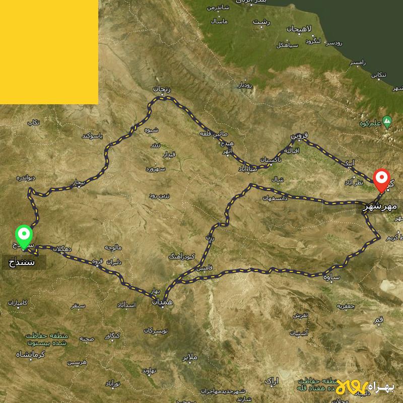 مسافت و فاصله مهرشهر - کرج تا سنندج از ۳ مسیر - اردیبهشت ۱۴۰۳