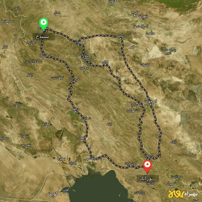 مسافت و فاصله نورآباد - نورآباد ممسنی تا سنندج از ۳ مسیر - اردیبهشت ۱۴۰۳