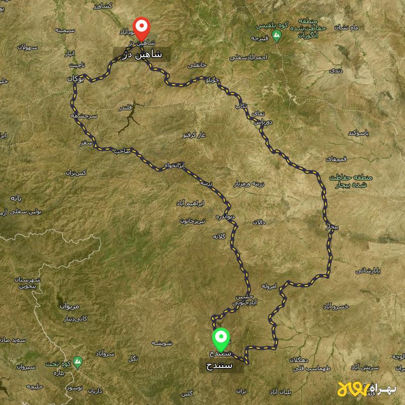 مسافت و فاصله شاهین دژ - آذربایجان غربی تا سنندج از ۲ مسیر - دی ۱۴۰۳