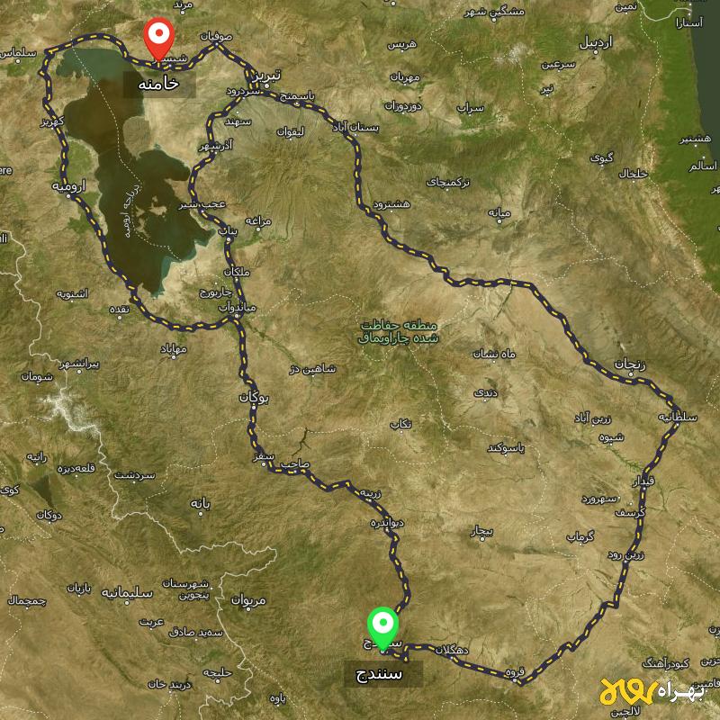 مسافت و فاصله خامنه - آذربایجان شرقی تا سنندج از ۳ مسیر - مرداد ۱۴۰۳