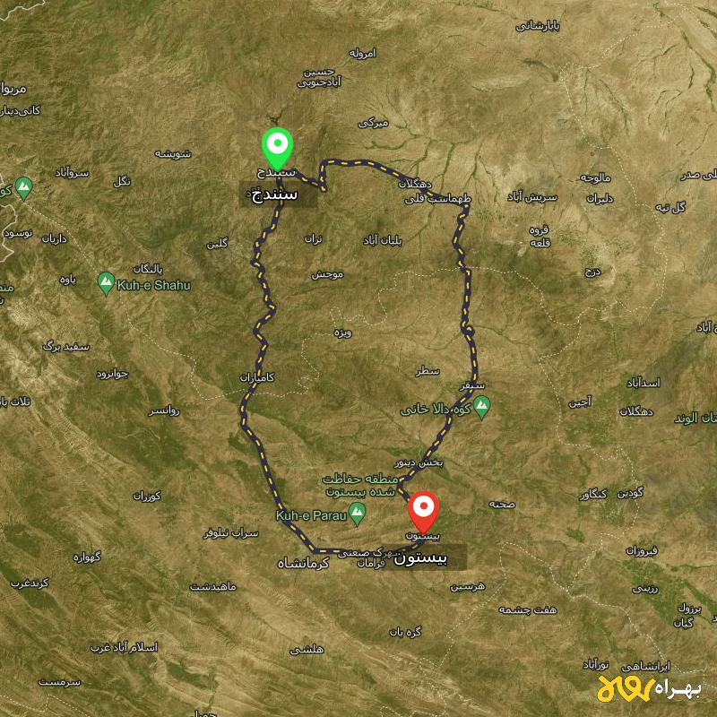 مسافت و فاصله بیستون - کرمانشاه تا سنندج از ۲ مسیر - مرداد ۱۴۰۳