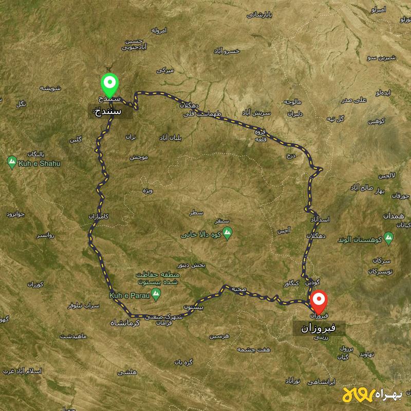 مسافت و فاصله فیروزان - همدان تا سنندج از ۲ مسیر - آبان ۱۴۰۳