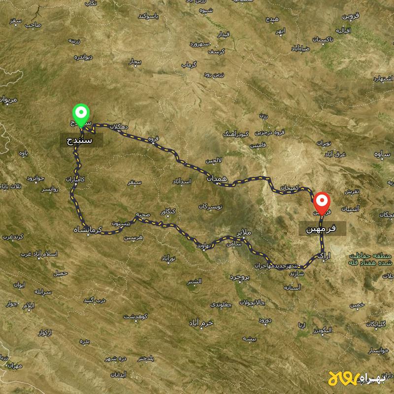 مسافت و فاصله فرمهین - مرکزی تا سنندج از ۲ مسیر - آذر ۱۴۰۳