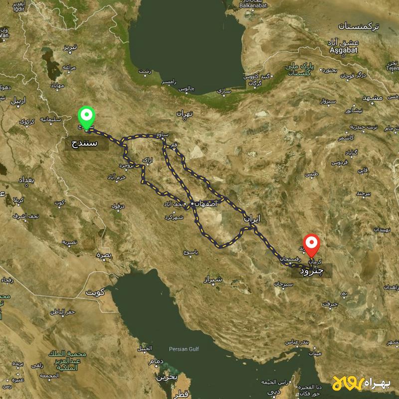 مسافت و فاصله چترود - کرمان تا سنندج از ۳ مسیر - مرداد ۱۴۰۳