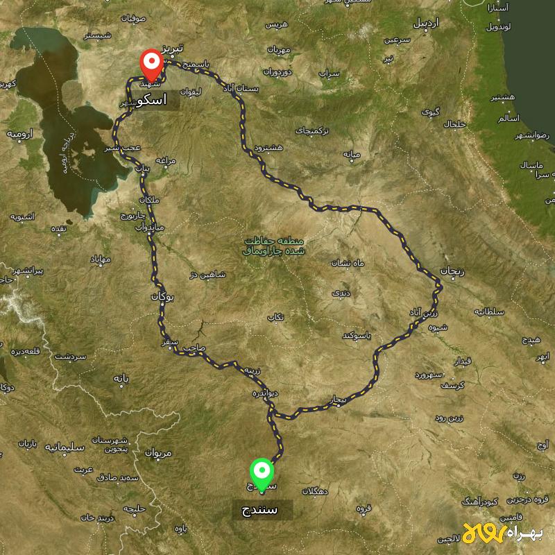 مسافت و فاصله اسکو - آذربایجان شرقی تا سنندج از ۲ مسیر - آذر ۱۴۰۳