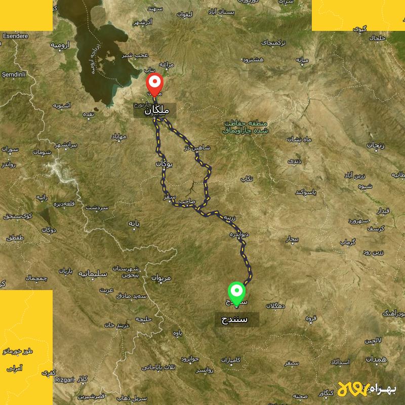 مسافت و فاصله ملکان - آذربایجان شرقی تا سنندج از ۲ مسیر - مرداد ۱۴۰۳