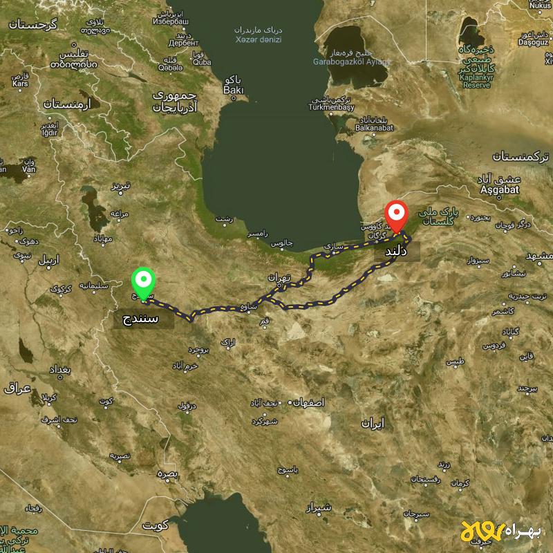 مسافت و فاصله دلند - گلستان تا سنندج از ۲ مسیر - دی ۱۴۰۳