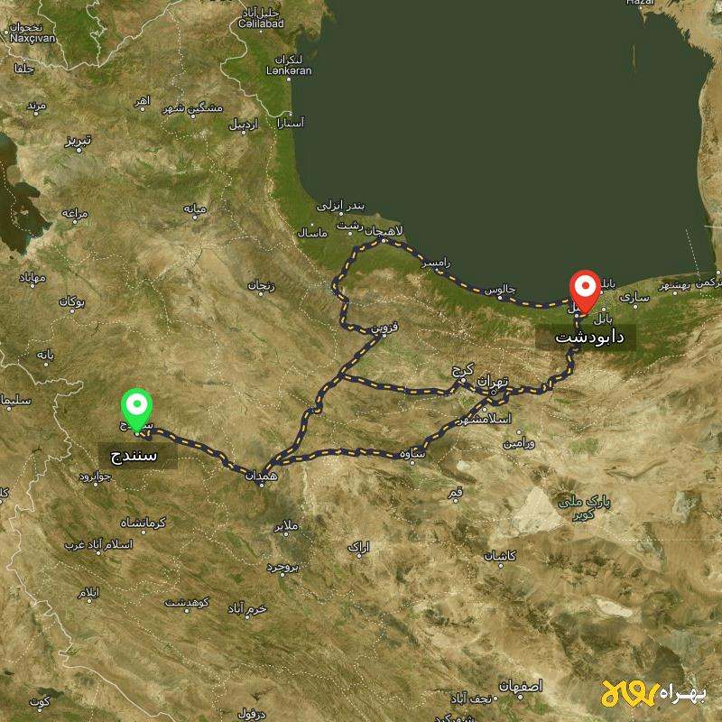 مسافت و فاصله دابودشت - مازندران تا سنندج از ۳ مسیر - مهر ۱۴۰۳