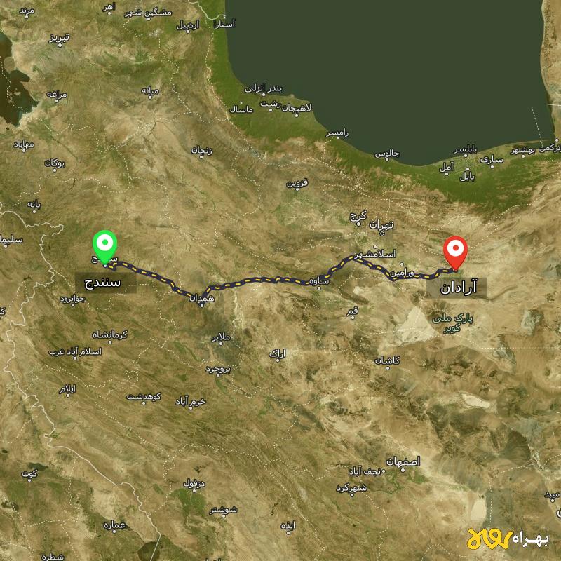مسافت و فاصله آرادان - سمنان تا سنندج - دی ۱۴۰۳