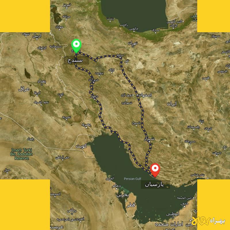 مسافت و فاصله پارسیان - هرمزگان تا سنندج از ۲ مسیر - آبان ۱۴۰۳