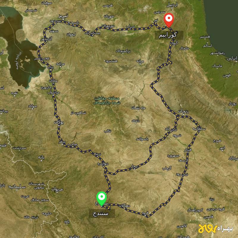 مسافت و فاصله کوراییم - اردبیل تا سنندج از ۳ مسیر - آذر ۱۴۰۳
