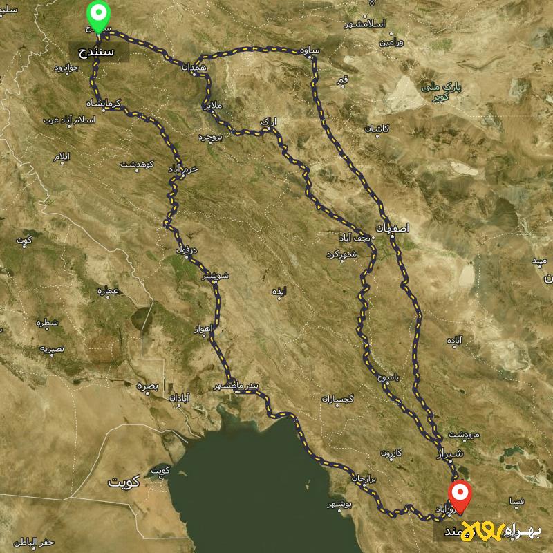مسافت و فاصله میمند - فارس تا سنندج از ۳ مسیر - آذر ۱۴۰۳