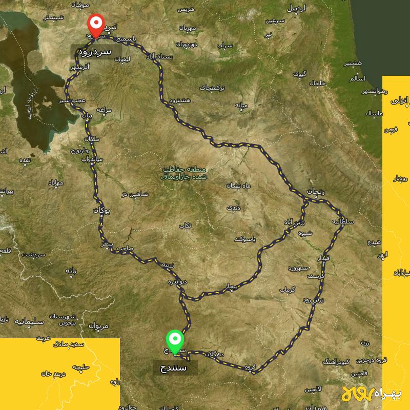 مسافت و فاصله سردرود - آذربایجان شرقی تا سنندج از ۳ مسیر - مرداد ۱۴۰۳