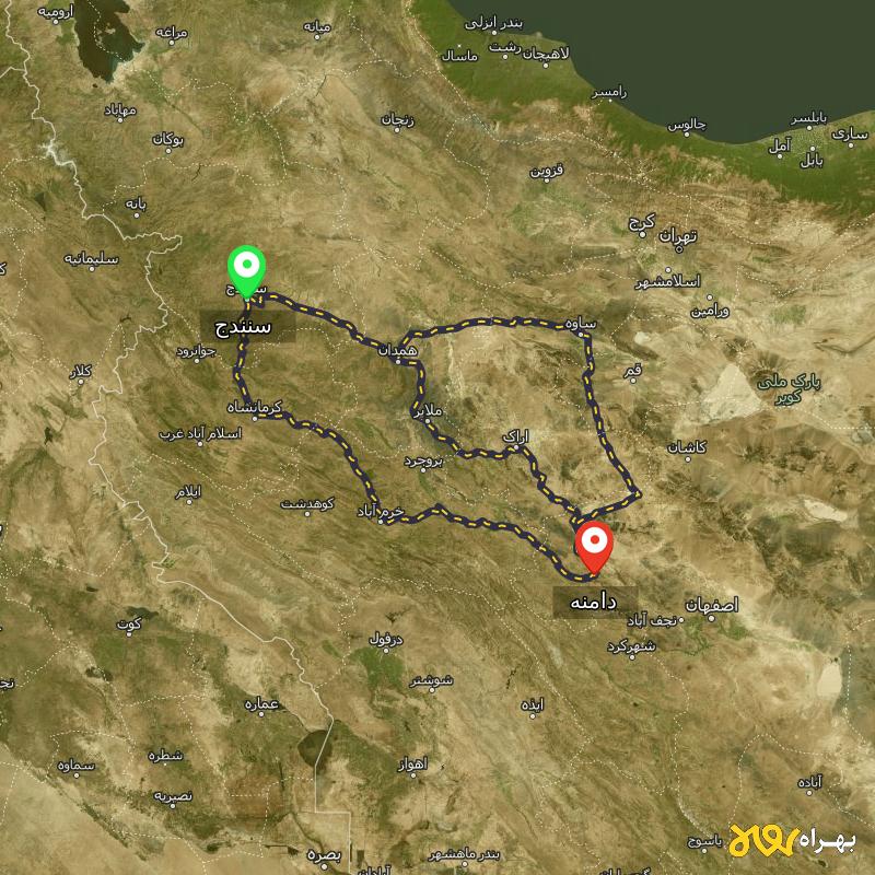مسافت و فاصله دامنه - اصفهان تا سنندج از ۳ مسیر - دی ۱۴۰۳