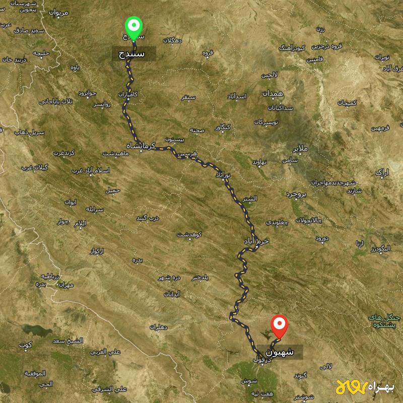 مسافت و فاصله شهیون - خوزستان تا سنندج - مرداد ۱۴۰۳