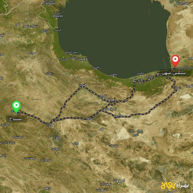 مسافت و فاصله سیمین شهر - گلستان تا سنندج از ۳ مسیر - آذر ۱۴۰۳