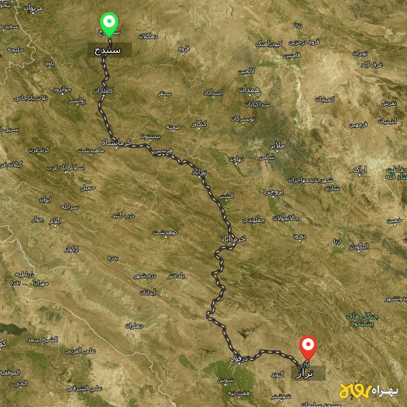 مسافت و فاصله تراز - خوزستان تا سنندج - بهمن ۱۴۰۳