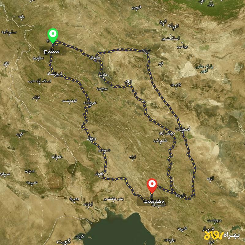 مسافت و فاصله دهدشت - کهگیلویه و بویر احمد تا سنندج از ۳ مسیر - مرداد ۱۴۰۳