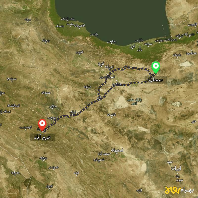 مسافت و فاصله خرم آباد تا سمنان از ۲ مسیر - مرداد ۱۴۰۳