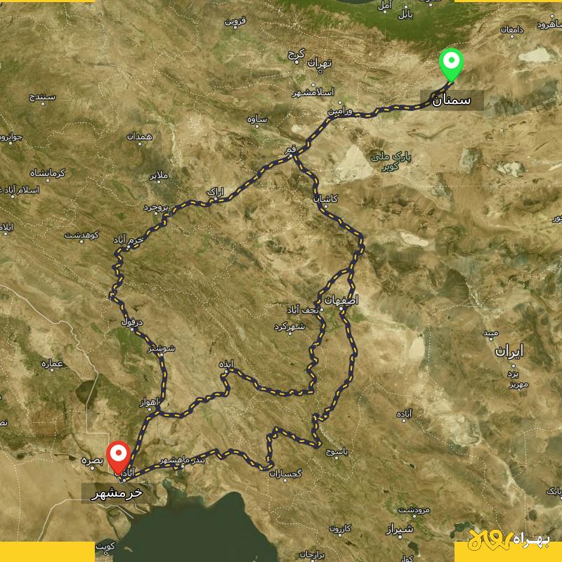 مسافت و فاصله خرمشهر - خوزستان تا سمنان از ۳ مسیر - آبان ۱۴۰۳