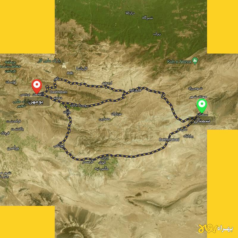 مسافت و فاصله بومهن - تهران تا سمنان از ۳ مسیر - آذر ۱۴۰۳