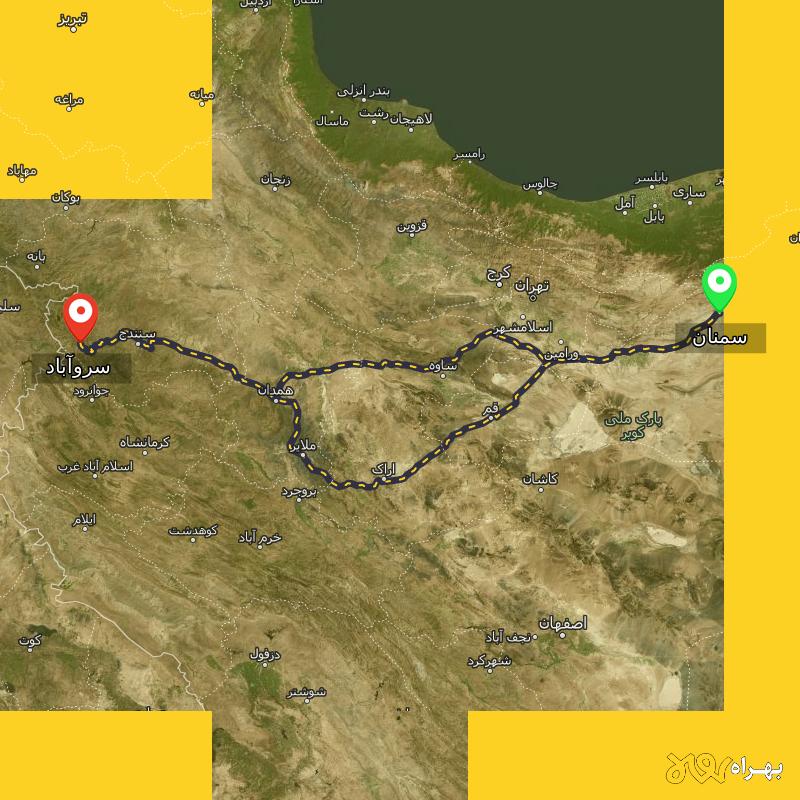 مسافت و فاصله سروآباد - کردستان تا سمنان از ۲ مسیر - بهمن ۱۴۰۳