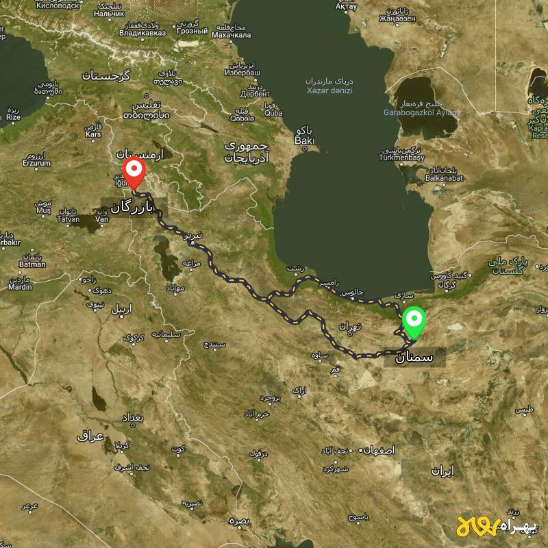 مسافت و فاصله بازرگان - آذربایجان غربی تا سمنان از ۲ مسیر - آذر ۱۴۰۳