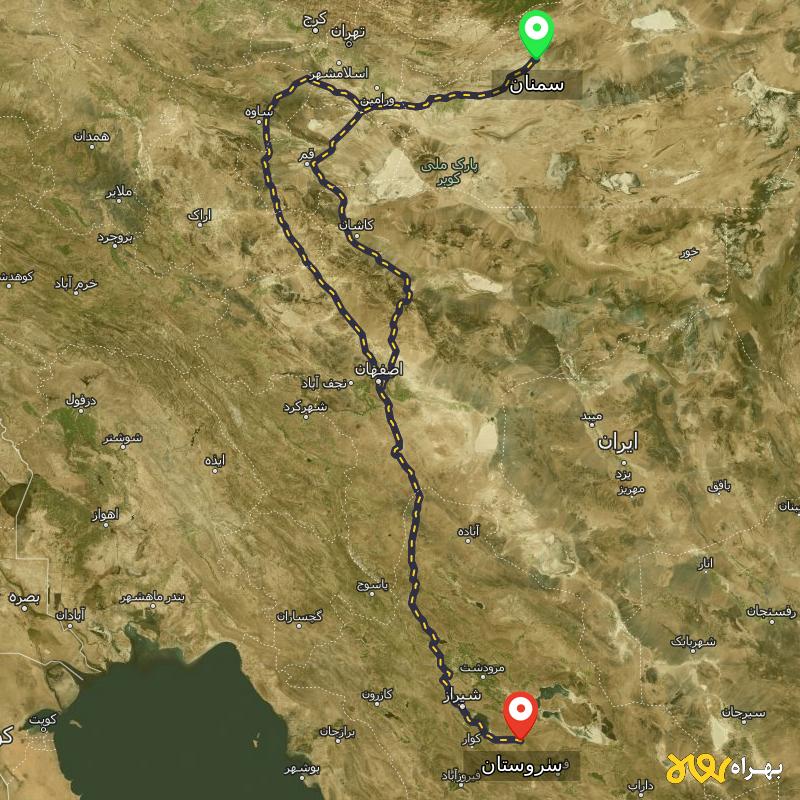 مسافت و فاصله سروستان - فارس تا سمنان از ۲ مسیر - آبان ۱۴۰۳