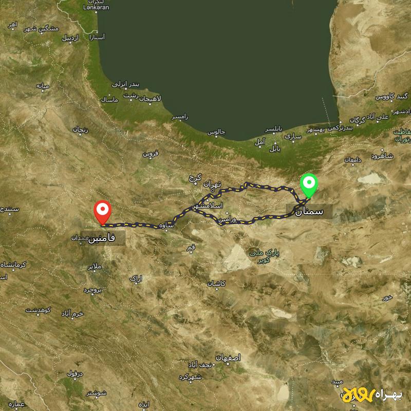 مسافت و فاصله فامنین - همدان تا سمنان از ۲ مسیر - آبان ۱۴۰۳