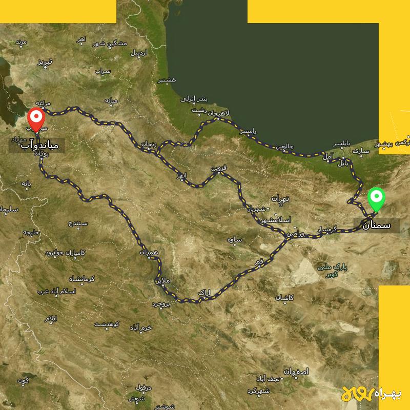 مسافت و فاصله میاندوآب - آذربایجان غربی تا سمنان از 3 مسیر - مسیریاب بهراه