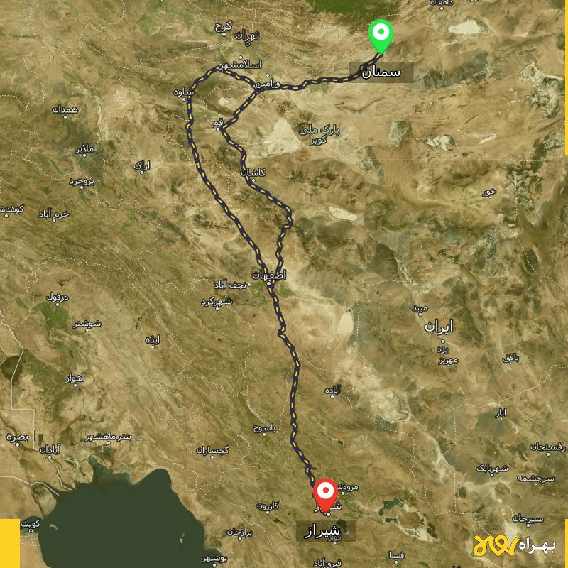 مسافت و فاصله شیراز تا سمنان از ۲ مسیر - مرداد ۱۴۰۳