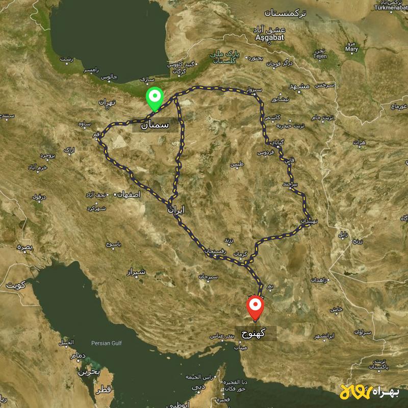 مسافت و فاصله کهنوج - کرمان تا سمنان از ۳ مسیر - اسفند ۱۴۰۳