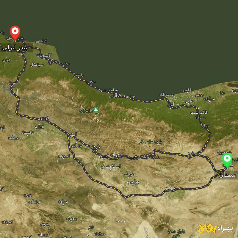 مسافت و فاصله بندر انزلی تا سمنان از ۳ مسیر - مرداد ۱۴۰۳
