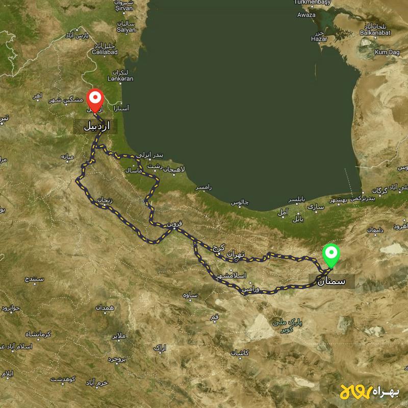 مسافت و فاصله اردبیل تا سمنان از ۳ مسیر - مرداد ۱۴۰۳