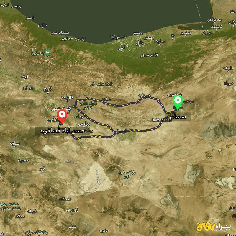 مسافت و فاصله حسن آباد فشافویه - تهران تا سمنان از ۳ مسیر - اردیبهشت ۱۴۰۳