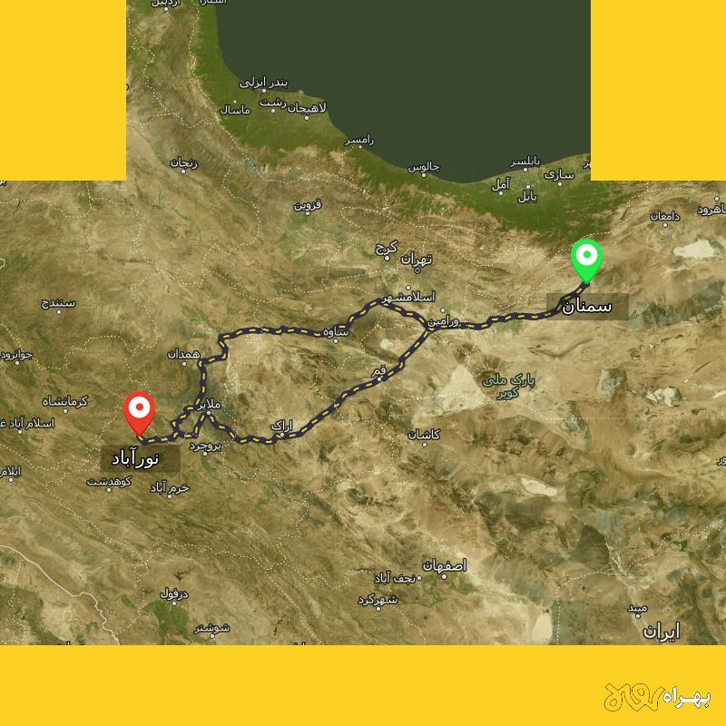 مسافت و فاصله نورآباد - لرستان تا سمنان از ۲ مسیر - آذر ۱۴۰۳