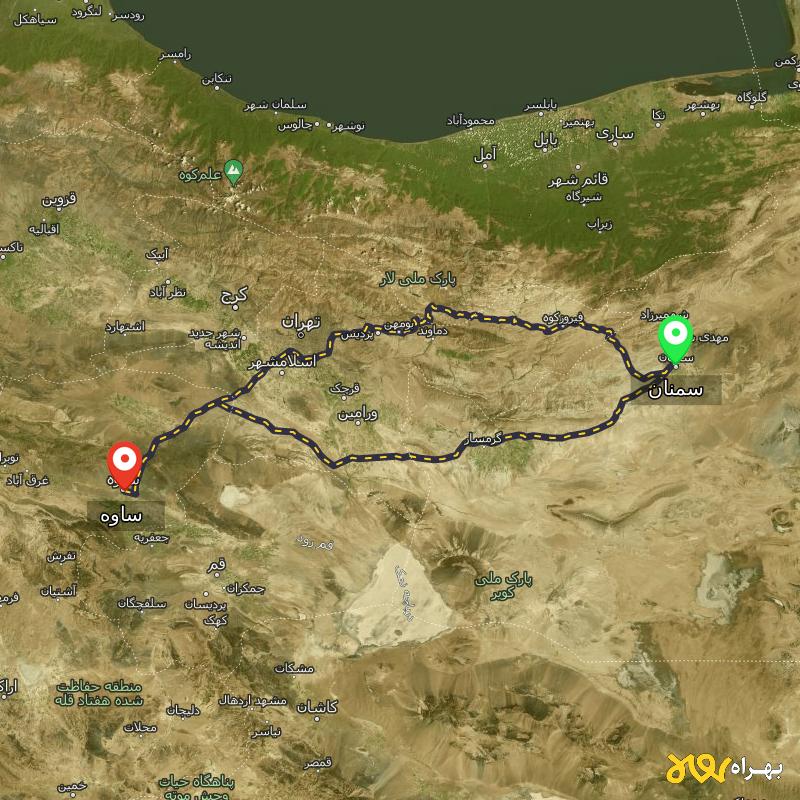 مسافت و فاصله ساوه تا سمنان از ۲ مسیر - مرداد ۱۴۰۳