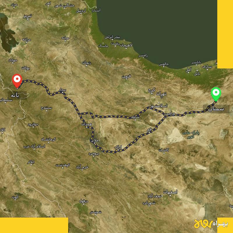 مسافت و فاصله بانه - کردستان تا سمنان از ۲ مسیر - اردیبهشت ۱۴۰۳