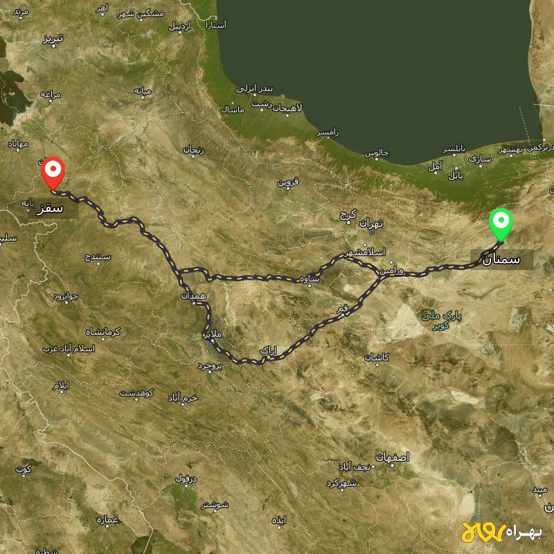 مسافت و فاصله سقز - کردستان تا سمنان از ۲ مسیر - مرداد ۱۴۰۳