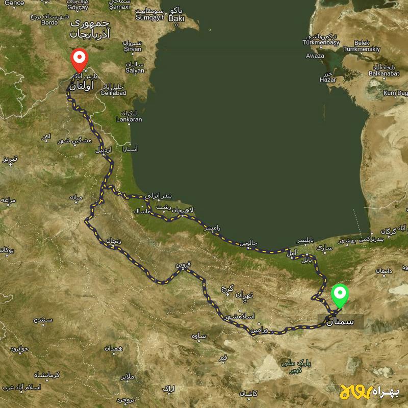 مسافت و فاصله اولتان - اردبیل تا سمنان از ۲ مسیر - مهر ۱۴۰۳