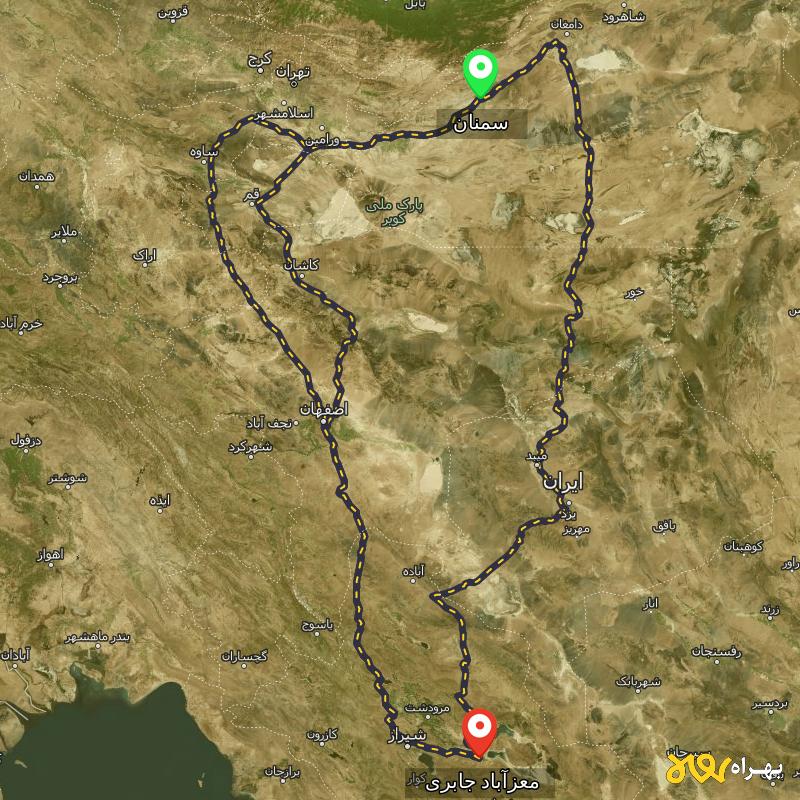 مسافت و فاصله معزآباد جابری - فارس تا سمنان از ۳ مسیر - مرداد ۱۴۰۳