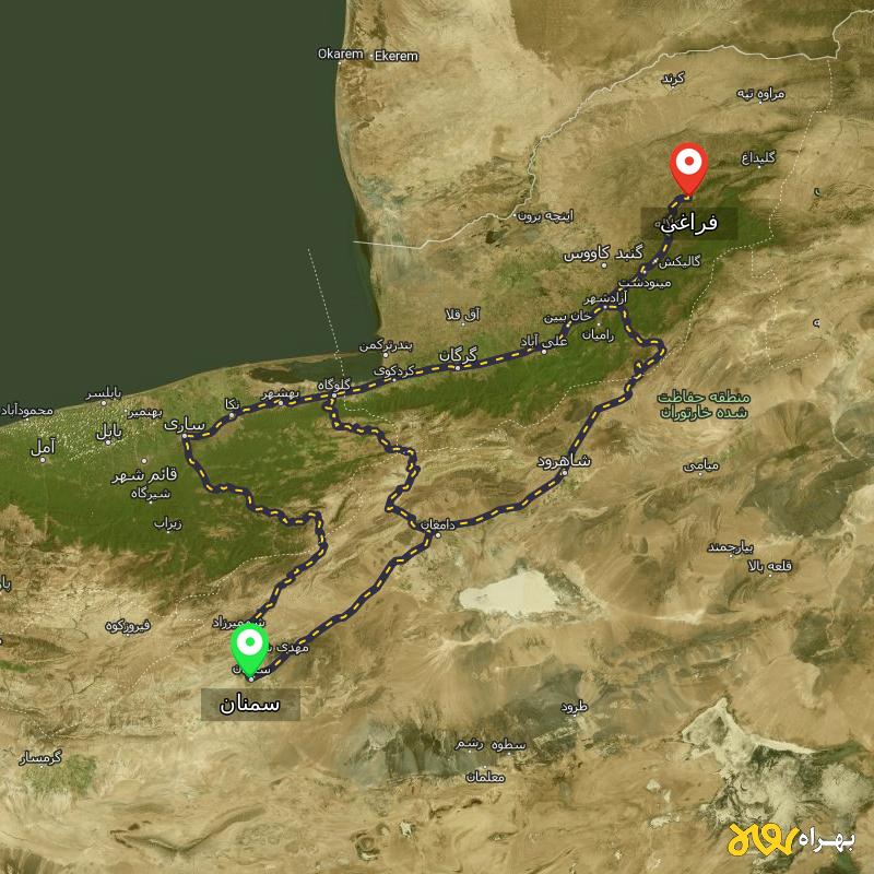 مسافت و فاصله فراغی - گلستان تا سمنان از ۳ مسیر - شهریور ۱۴۰۳