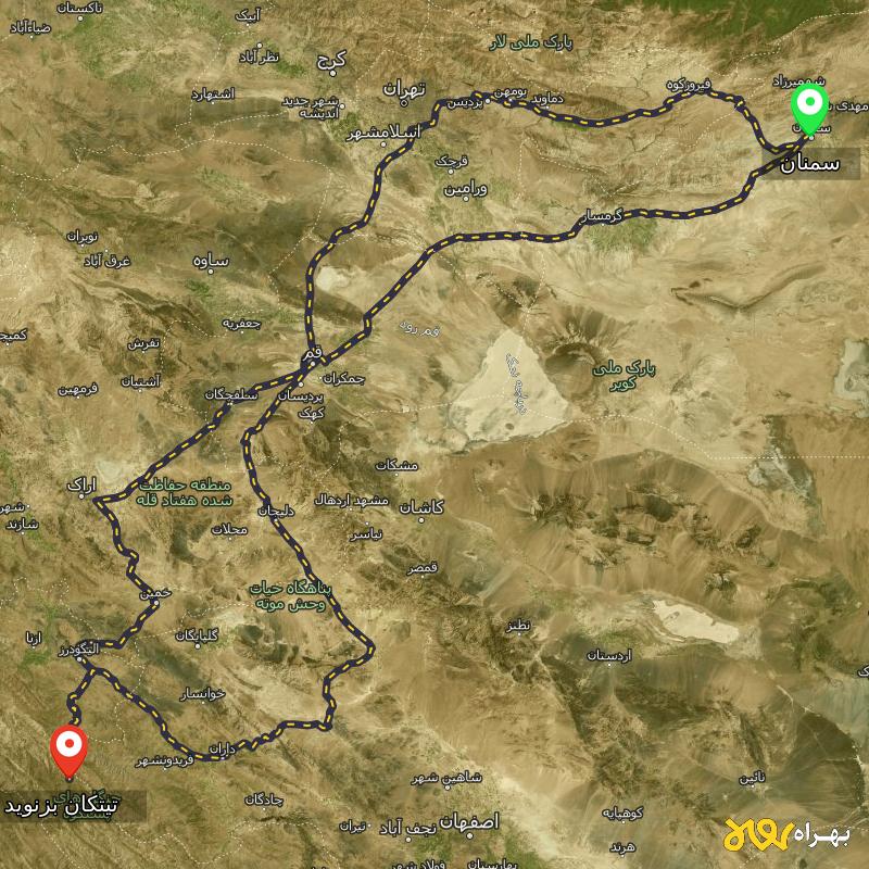 مسافت و فاصله تیتکان بزنوید - لرستان تا سمنان از ۳ مسیر - شهریور ۱۴۰۳