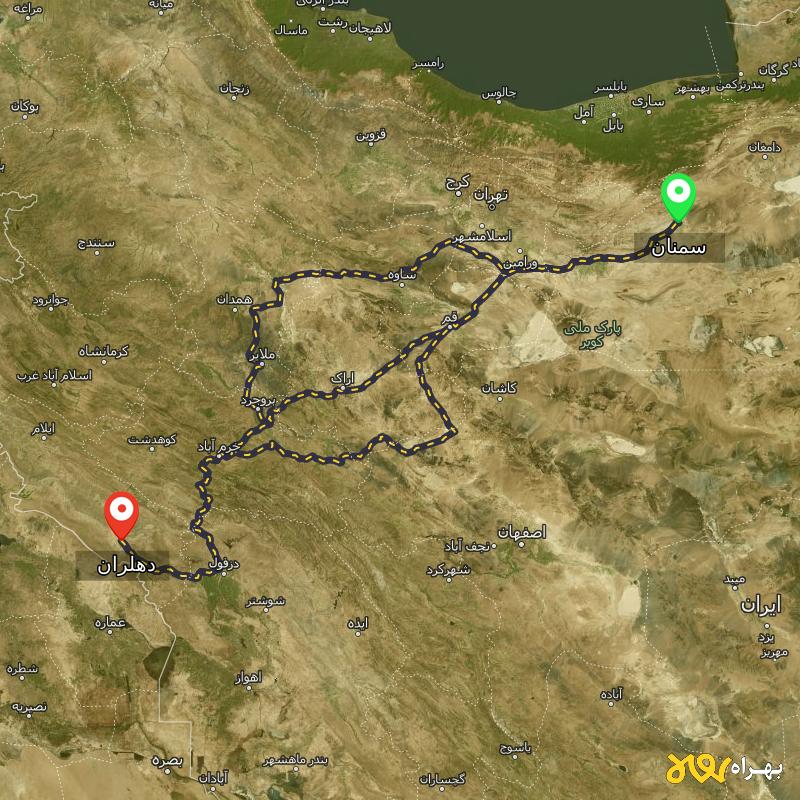 مسافت و فاصله دهلران - ایلام تا سمنان از ۳ مسیر - آذر ۱۴۰۳